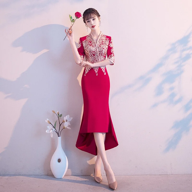 

Ele V-Ne Fi-Tail Wedding Dr Slimming Evening Gown Bride's Ceremony Dr Winter Wear Polyester Fiber Online Exclusive