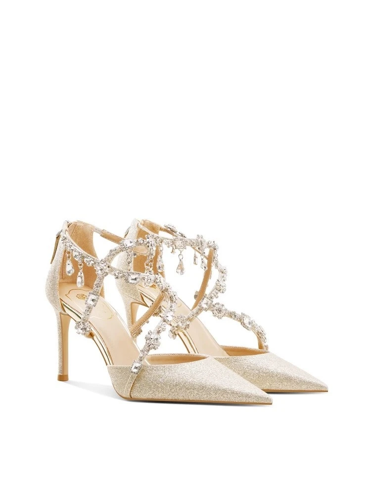 

Slender high-heeled sandals spring and summer new pointed hollow gold sequin rhinestone wedding shoes banquet dress women's shoe