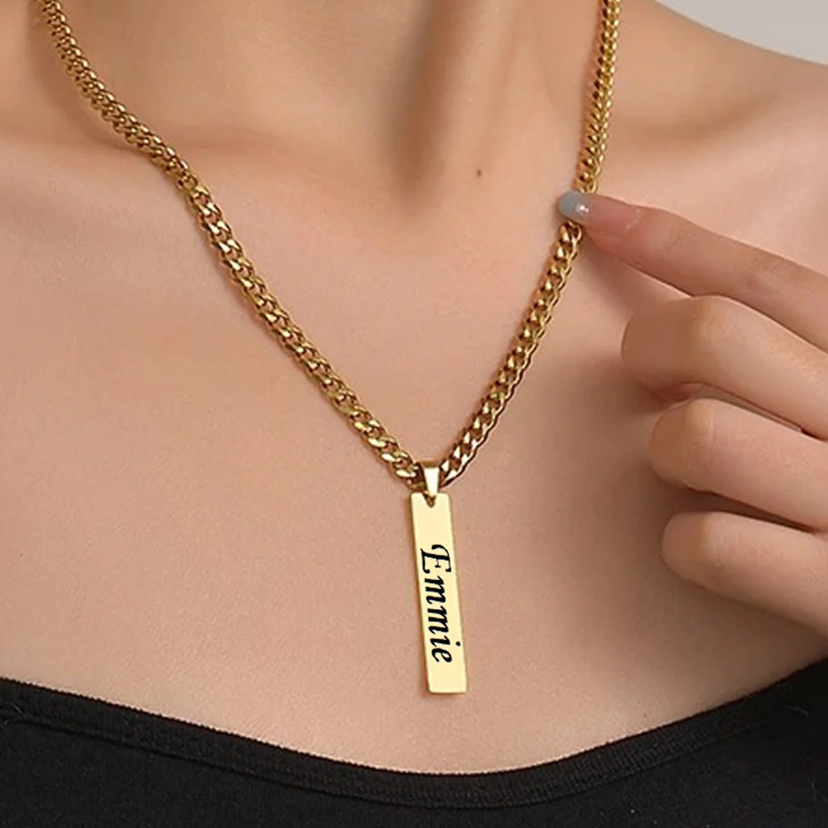 Custom Name Rectangular Pendant Necklace For Women Punk Stainless Steel Laser Black Marking Nameplate Choker Cuban Chain Jewelry