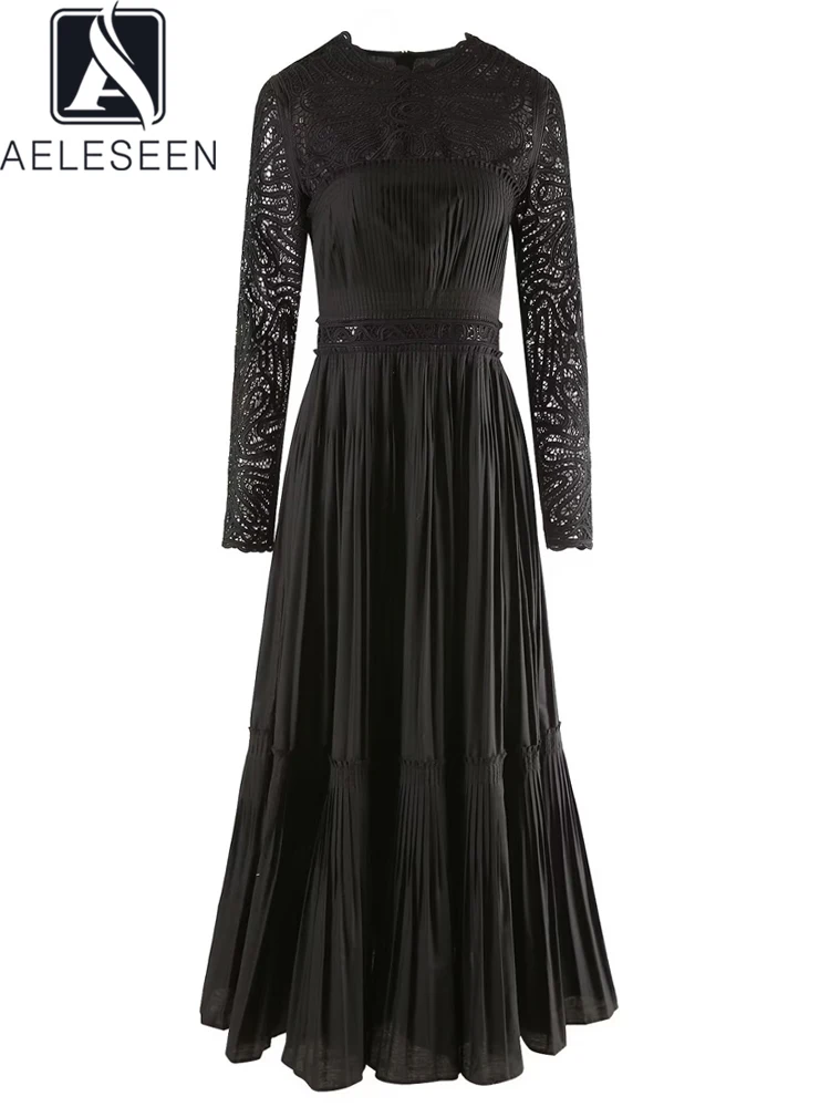 AELESEEN Designer Fashion Women Lace Dress Spring Summer Black Flower Embroidery Hollow Out Pleated Elegant Party Long