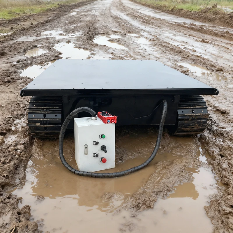 High quality electric steel track chassis remote control 2t load capacity 0-3km/h driving speed 200m range 200mm minimum ground