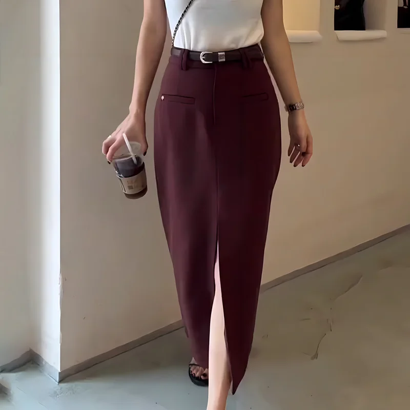

New Autumn Fashion Pencil Skirt Women Slim Split High Waist Office Lady Elegant Skirts Solid Color Midi Jupe Women's Clothing