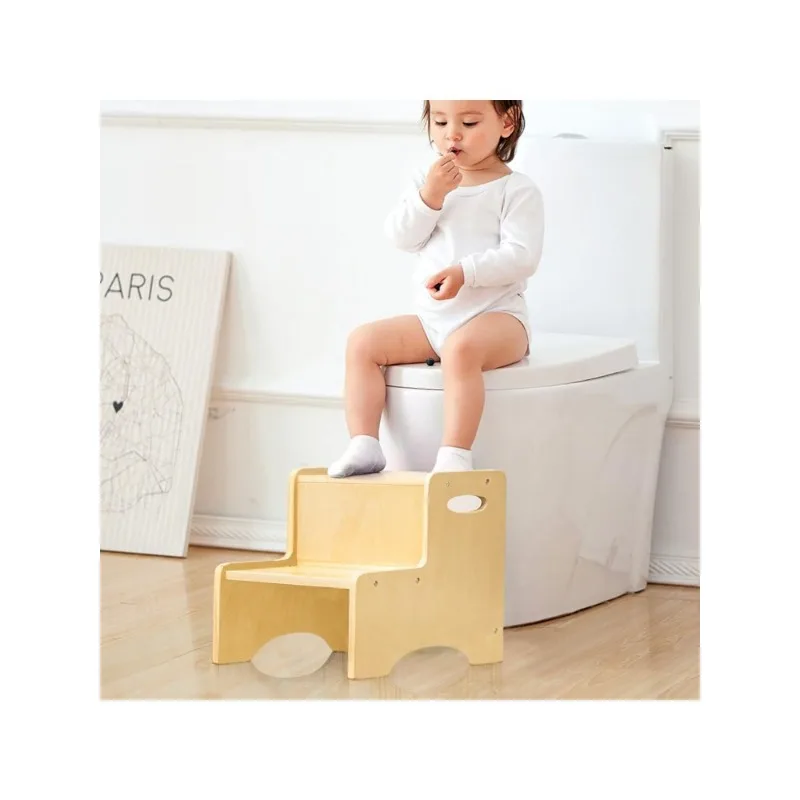 Wooden Toddler Step Stool for Kids, Bathroom Potty Stool & Kitchen Stool, Natural Two Step Stool for Bedroom,