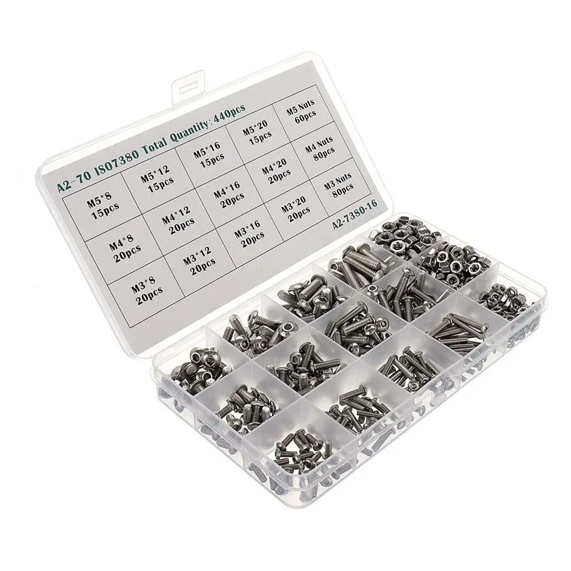 440pcs M3 M4 M5 304 Stainless Steel Head Cap Screw Hex Button Socket  Metric Nut Hexagon Thread Machine Bolt Assortment Kit Set