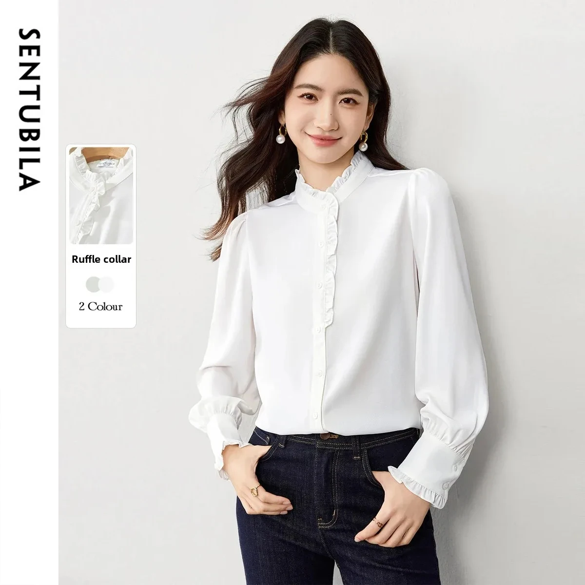 

SENTUBILA элегантная модная шифоновая рубашка для женщин, осень 2022, топы с рюшами и воротником, однотонная однобортная женская блузка 153VA3225X