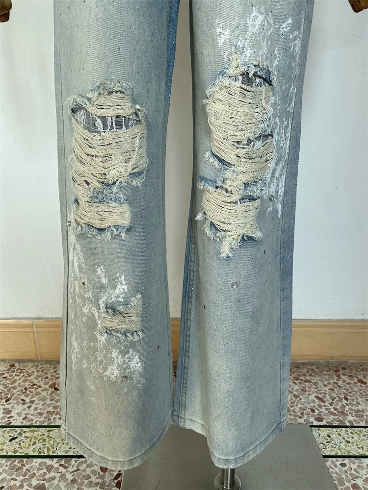 Jean bleu perforé creux imprimé pour femmes, pantalon ample personnalisé, bas décontracté Cool pour filles, pantalon en Denim de rue