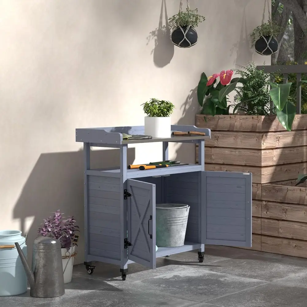 Outdoor Wooden Potting Bench Table w/Storage Cabinet, Gray | Garden Workstation, Table Top, Rubber Wheels, Backyard Patio Balcon