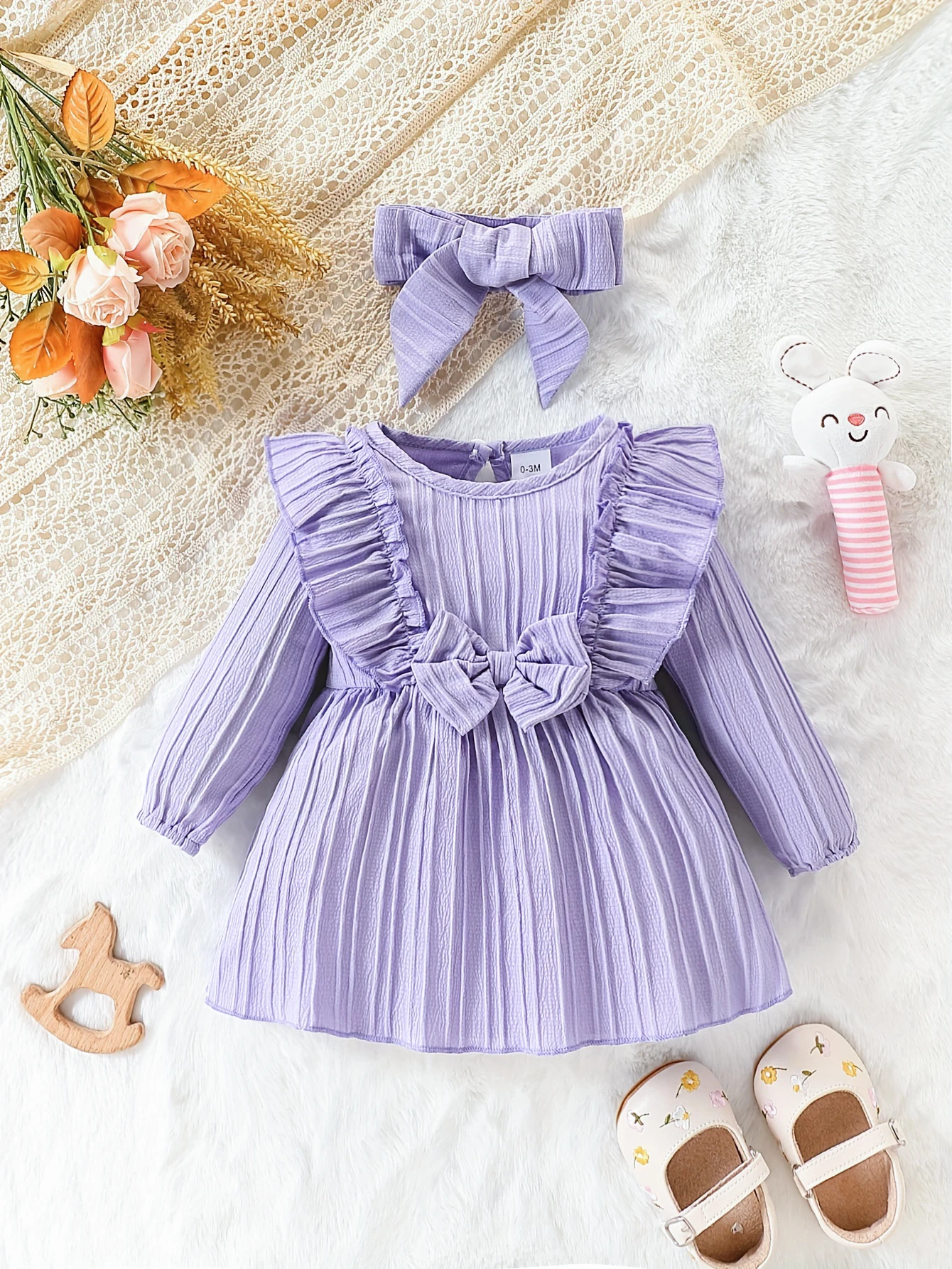 Baby Girl's Bow Long Sleeves Dress Infant Cute Purple Princess Dress Birthday Party Costume Autumn Baby Clothing for 3-24 Months