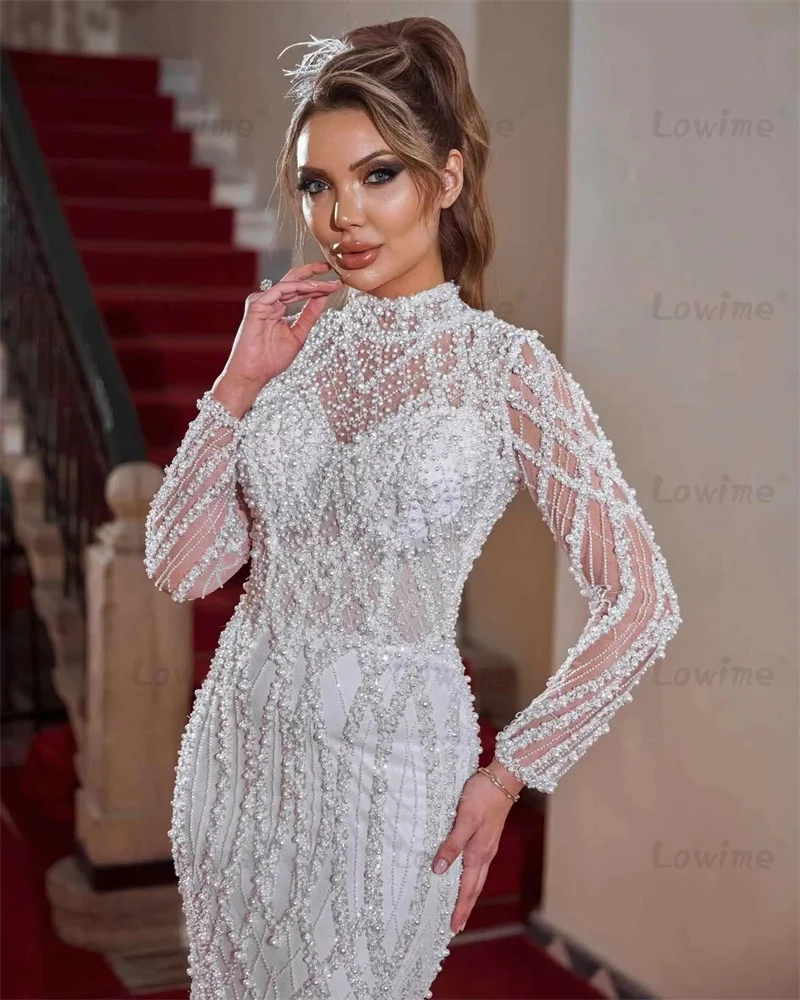 White Pearls Prom Dress Shiny Sequined Long Sleeves Mermaid Evening Gowns 2024 Ivory High Neck Formal Arabic Dubai Party Dresses