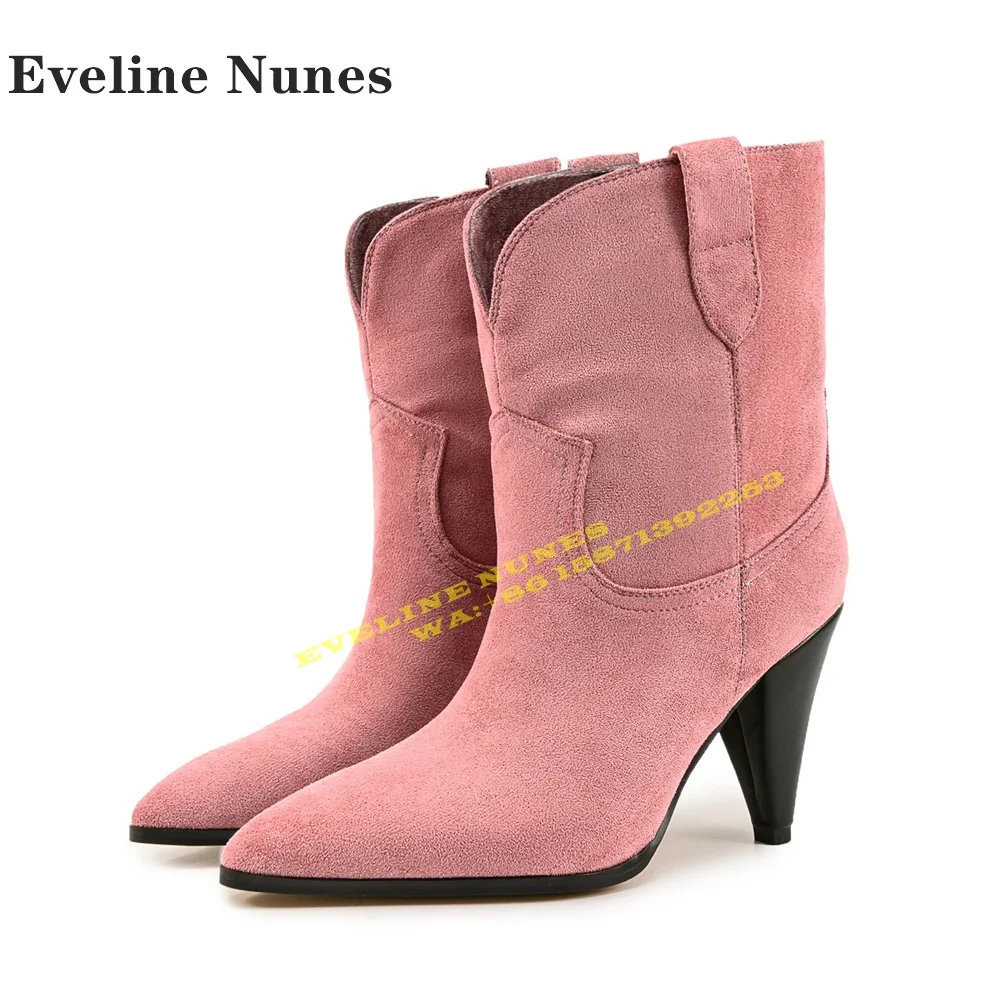 Brown Cowboy Chunky Heel Sexy Ankle Boots Pointed Toe V-Cut Pull On Plus Size Women Fashion Boots 2024 Street Style New Style