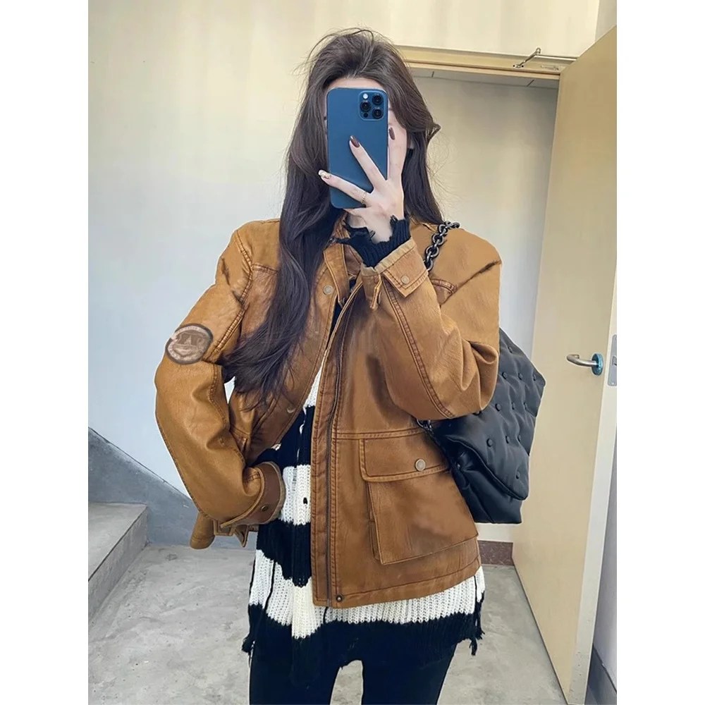Jaqueta de Couro PU Marrom Estilo Retrô Americano para Mulheres, Casaco de Beisebol 2023, Nova Tendência Vintage, Com Zíper Longo