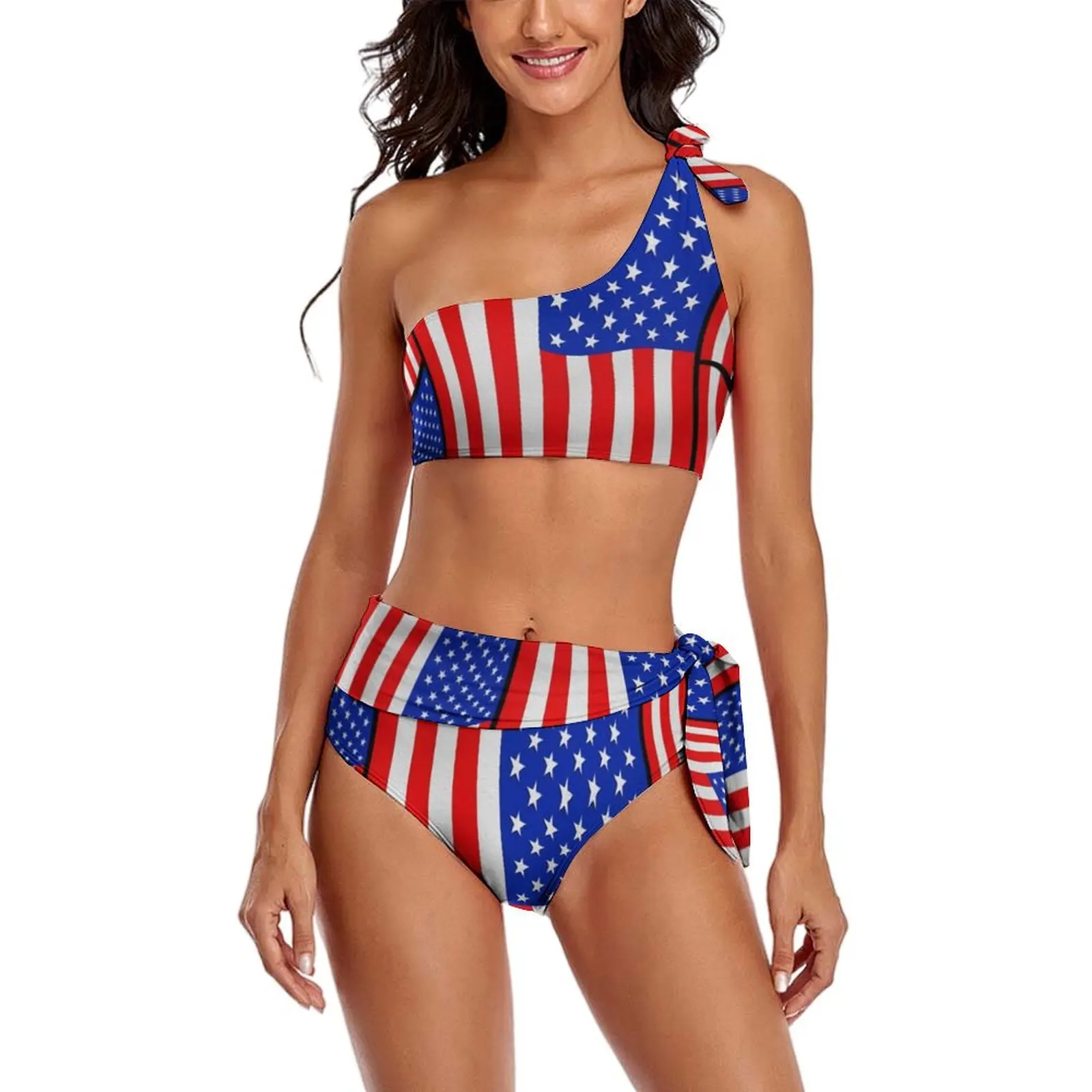 

Soft American Flag Bikini Swimsuit Celebrate USA Red White Blue One Shoulder Swimwear Sexy Bikini Set Women Push Up Beach Wear