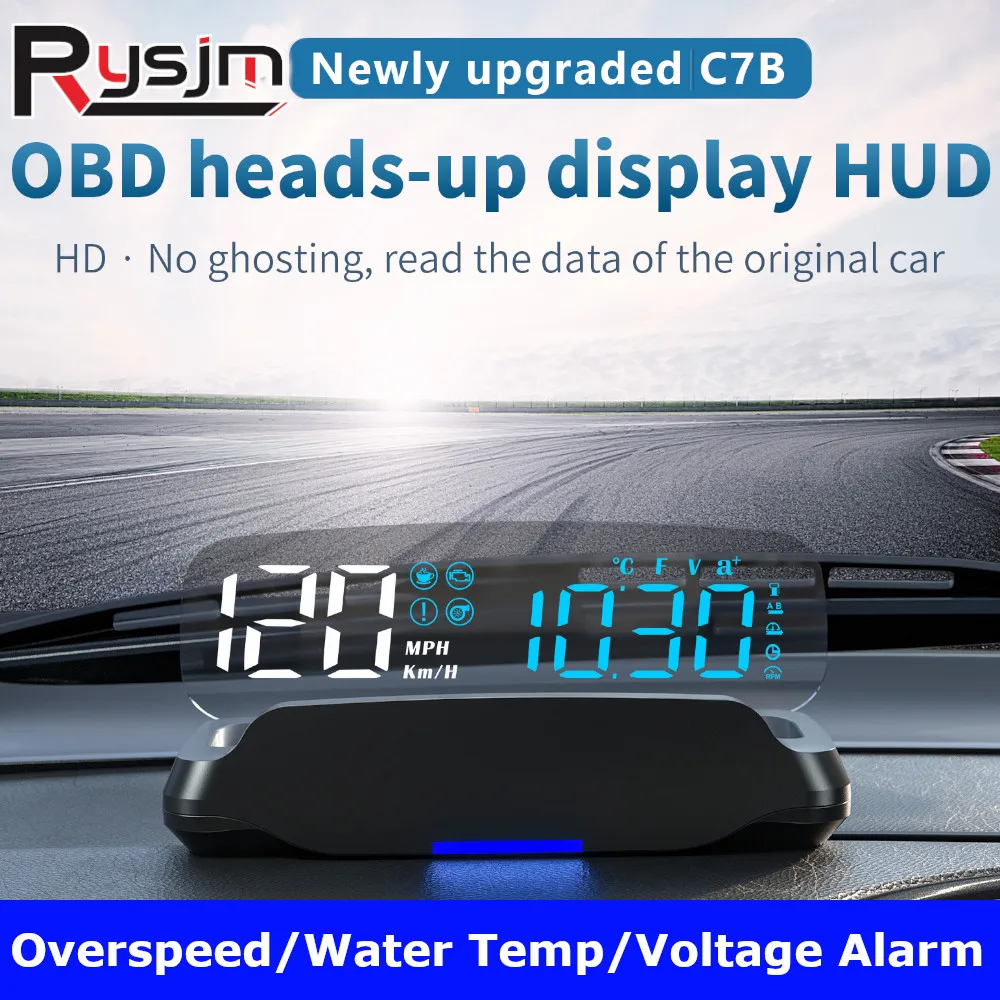 C7B OBD HUD Car Head Up Display Speedometer With Alarm Water Temp Projector Compass Windshield Projector Voltage Alarm OBD2 Gaug