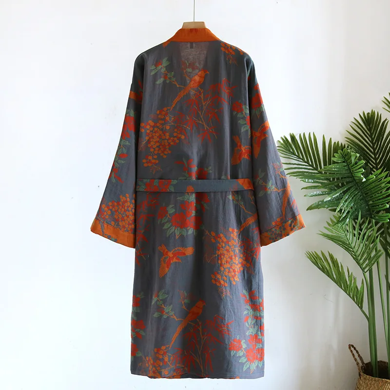 Women's Printed Cotton Loose Fitting Bathrobe Japanese Style Kimono with belt Bathrobe Sweat Steaming Cotton Pajamas Robes Women