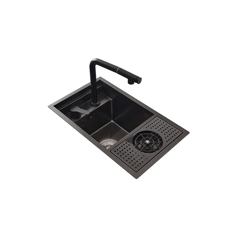 Black Flip Cover Drop-In Undermount Stainless Steel 304 Kitchen Hidden Bar Sink With Glass Rinser And Faucet