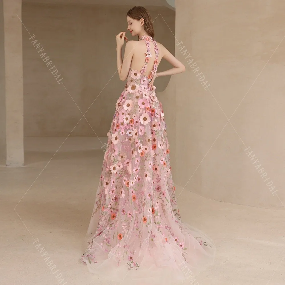 Customized Romantic Colorful Wedding Dresses Sleeveless Backless 3D Flowers Lace Fashion Bridal Gown Bridal Photoshoot Dress