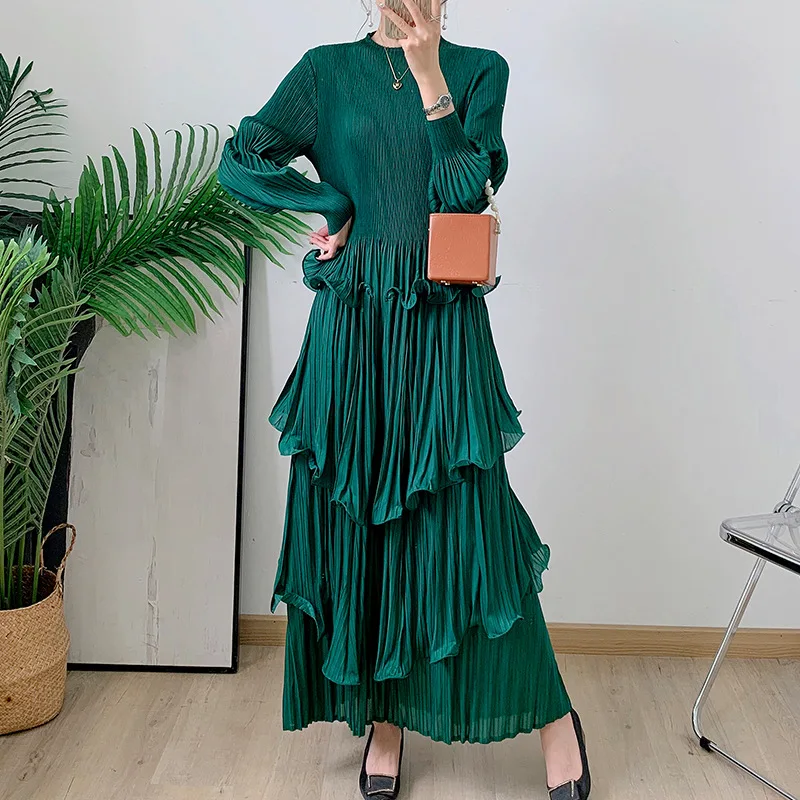 Pleated 2024 Fall New Models Heavy Wood Ear Edge Drawstring Tie Belt Long Women's Dresses Stand-up Collar Loose Plus Size