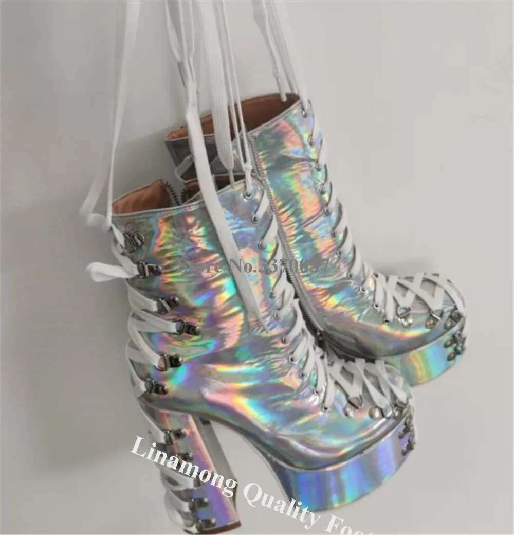 Linamong Hologram Iridescent Silver Chunky Heel Short Boots Round Toe Lace-up Buckles High Platform Thick Heel Ankle Booties