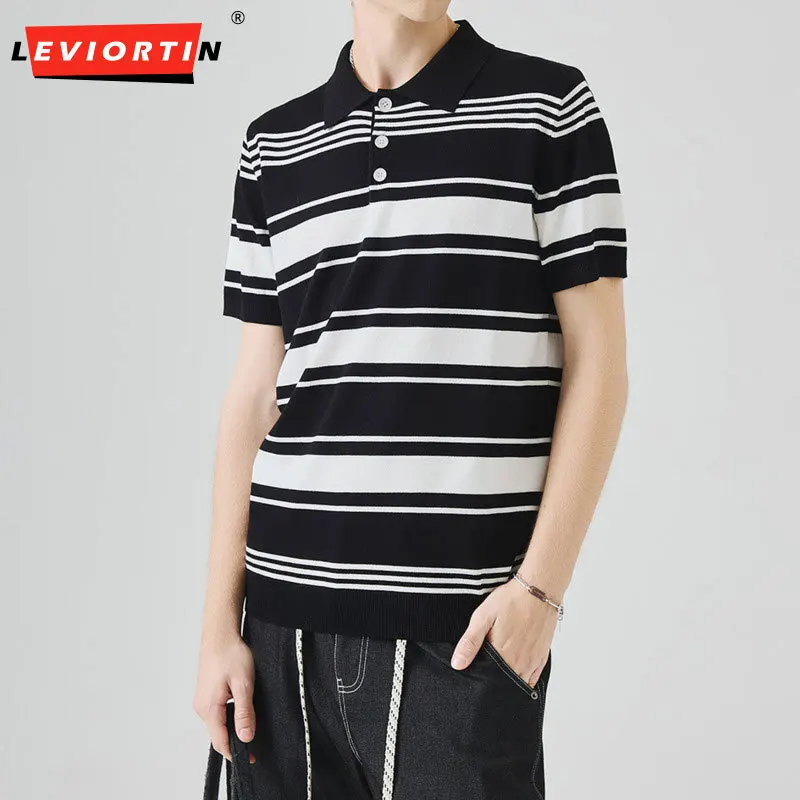 

Мужская модная и универсальная полосатая трикотажная рубашка-поло с короткими рукавами, летняя элитная футболка с облегающими лацканами