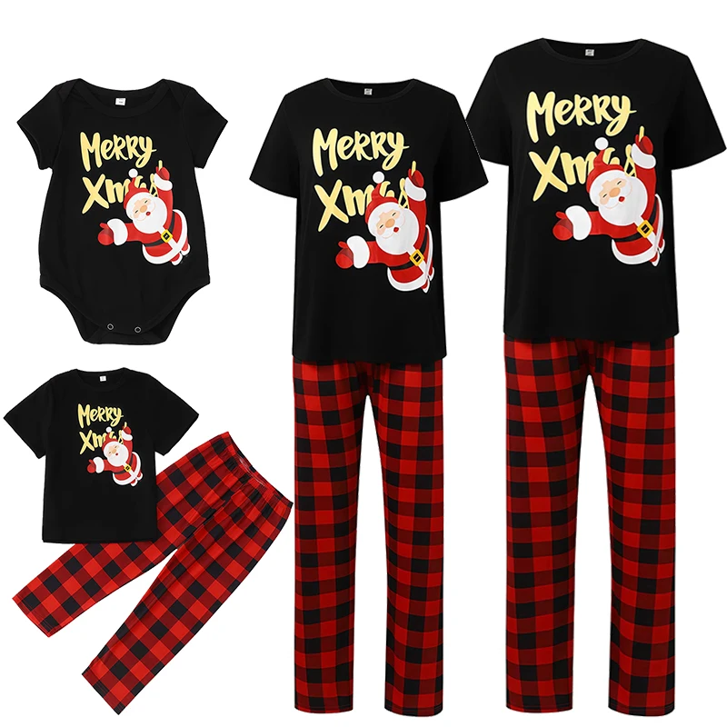 

Cotton Letter Santa Claus Print Short Sleeve T-shirt+Plaid Pants Christmas Whole Family Matching Pajama Sets Sibling Couples Pjs