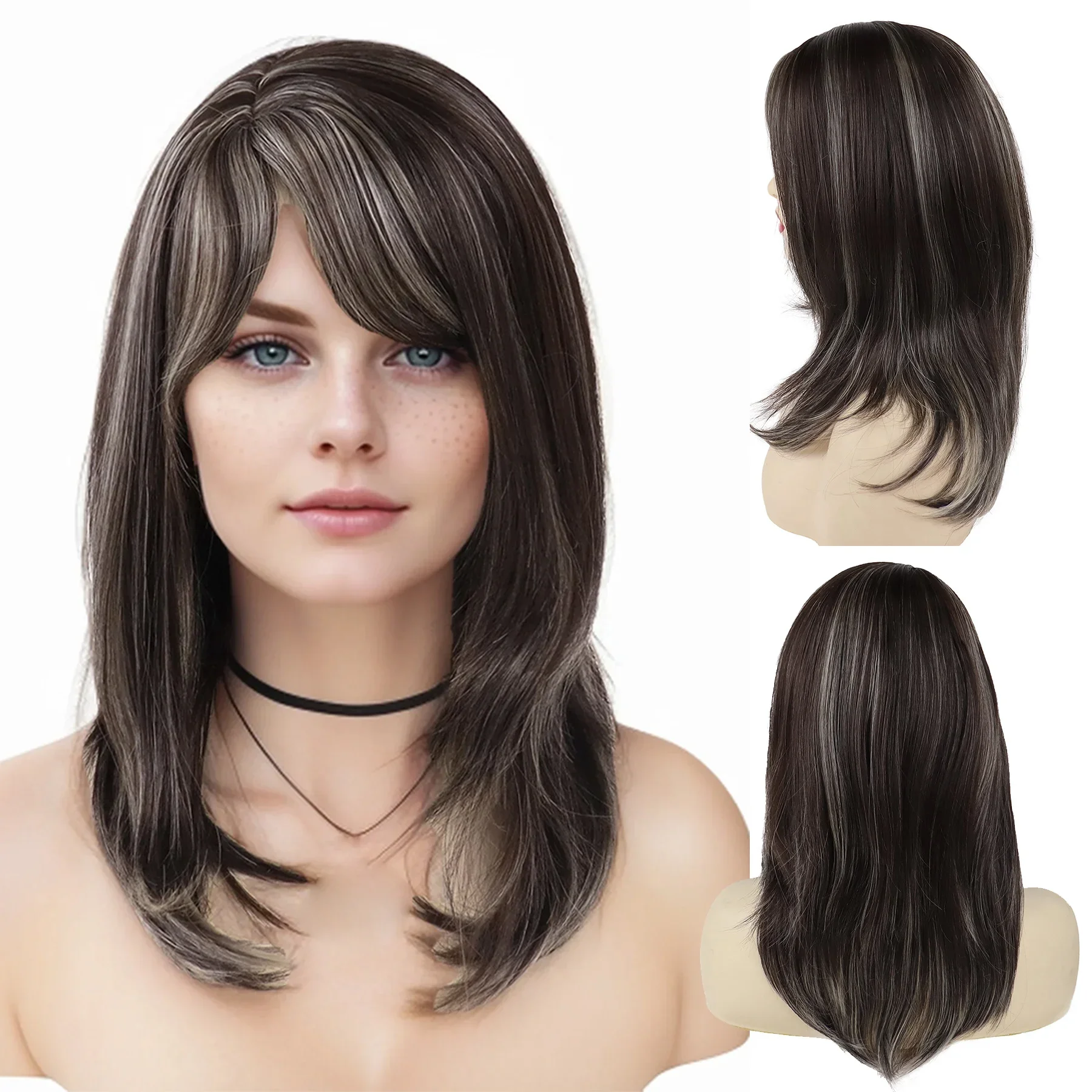 Synthetic Mix Brown Wig for Women Long Straight Wig with Bangs Natural Soft Hair Daily Elderly Ladies Female Casual Mother Wig