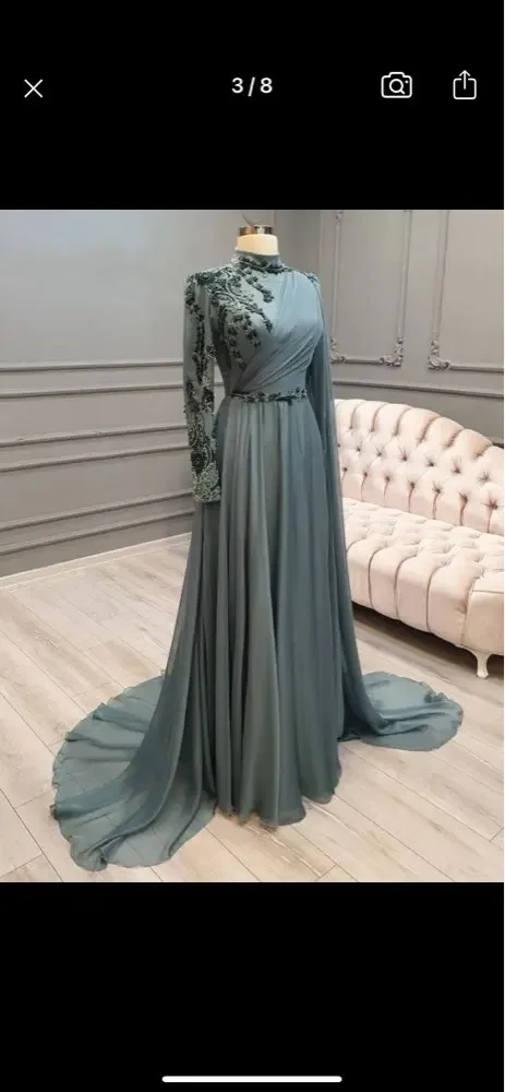 

OLOEY Green Chiifon A Line Evening Dresses Beadings Sequined Party Formal Gowns Long Sleeves Elegant Speaicl Occasion Prom Gown