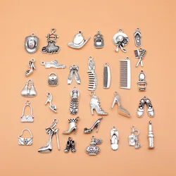 31pcs Antique Silver Color Comb Hat Shoes Bag Lipstick Perfume Charms Collection For DIY Jewelry Making, 31 Styles, 1 of Each