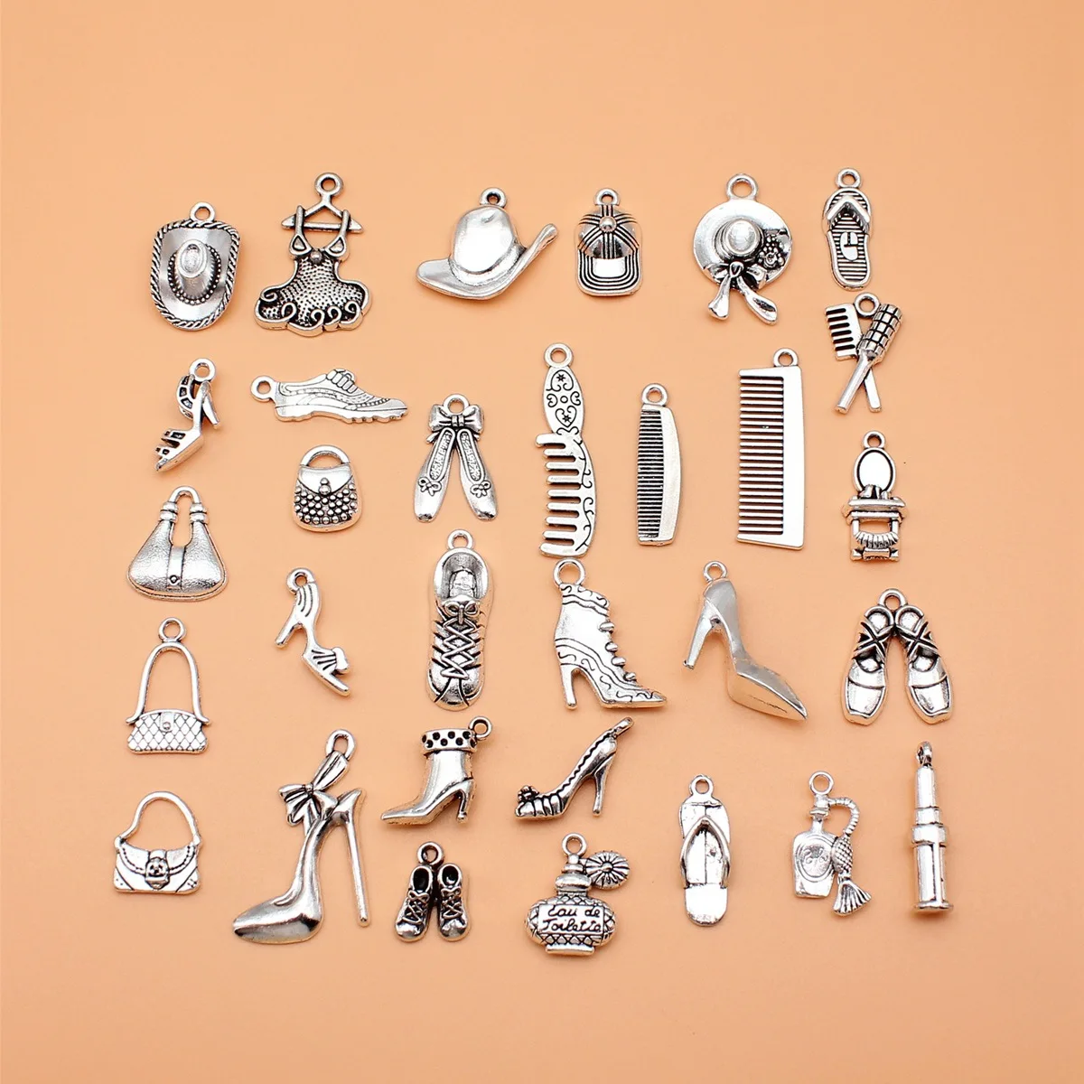 31 sztuk antycznego srebra Grzebień Kapelusz Torba na buty Szminka Perfumy Kolekcja Charms do samodzielnego tworzenia biżuterii, 31 stylów, 1 sztuki
