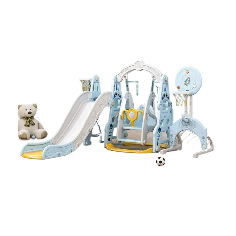 

Multifunctional 6-in-1 indoor playground equipment, polyethylene plastic swing and slide combination