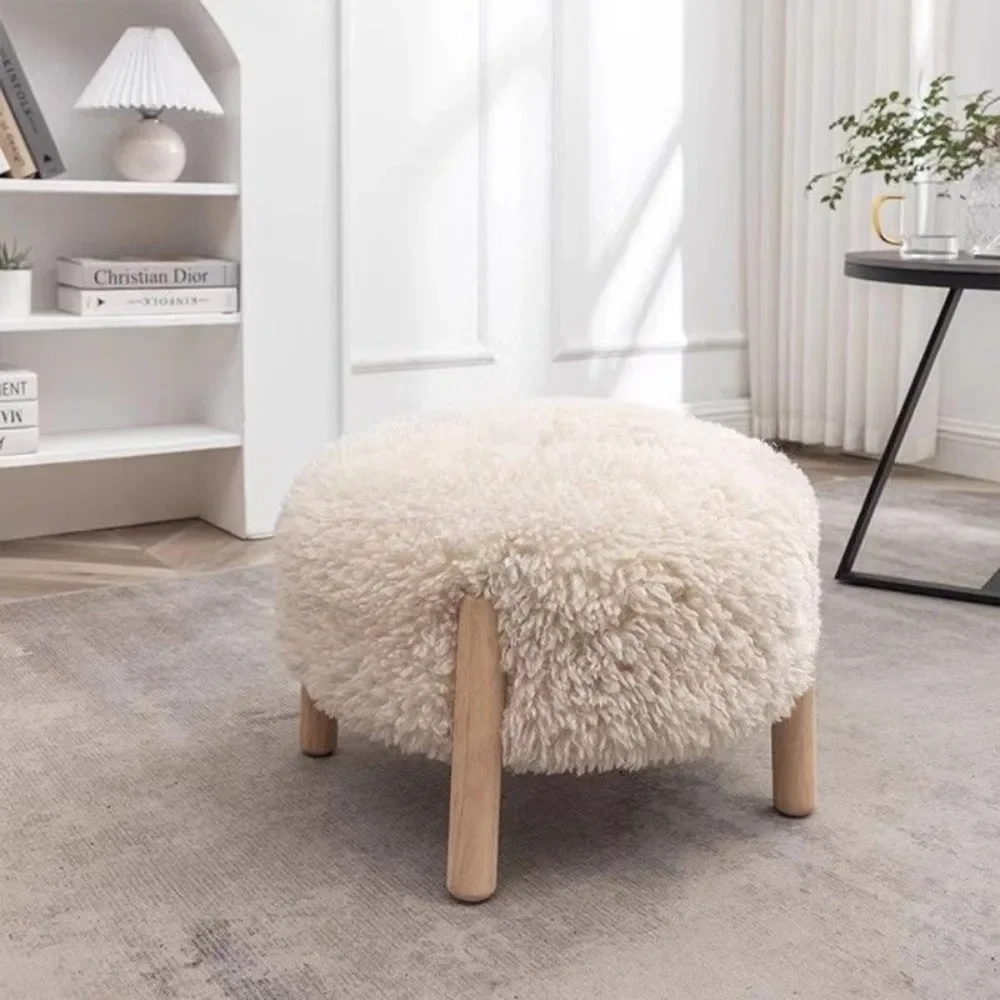 

Stool lamb wool solid wood bench modern simple sofa low stool home creative living room shoe change Nordic round stool