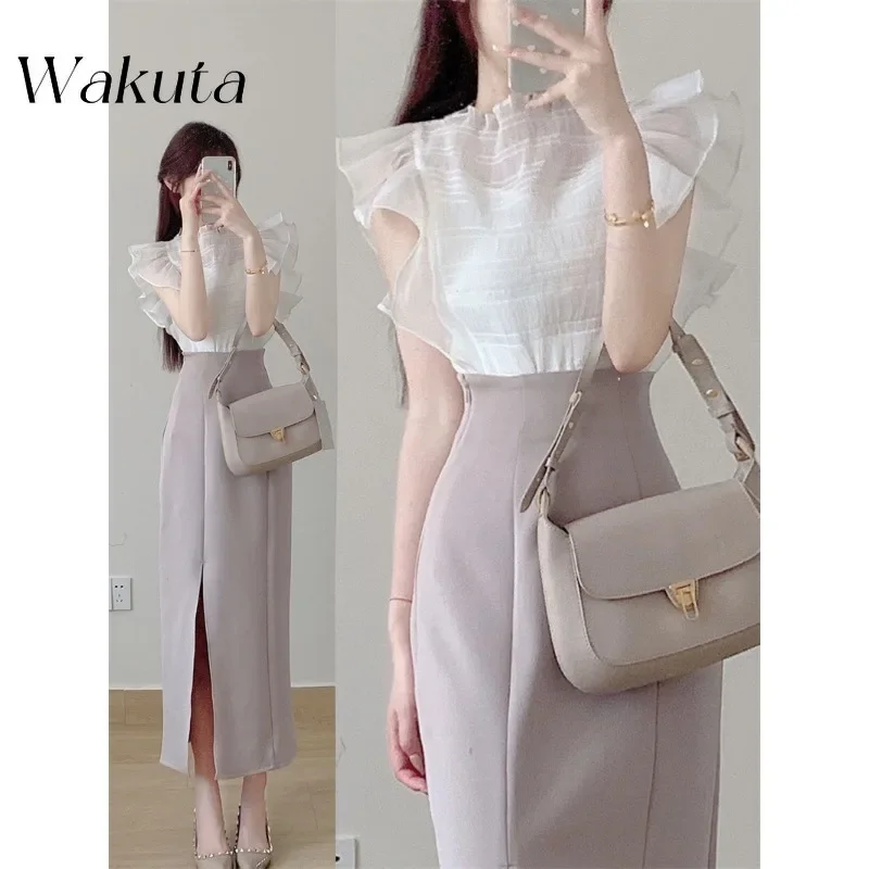 

Wakuta Fashion High Waist Side Split Dresses Skinny Aesthetic Trendy Robes Elegant Summer Japanese Simple Straight Vestidos