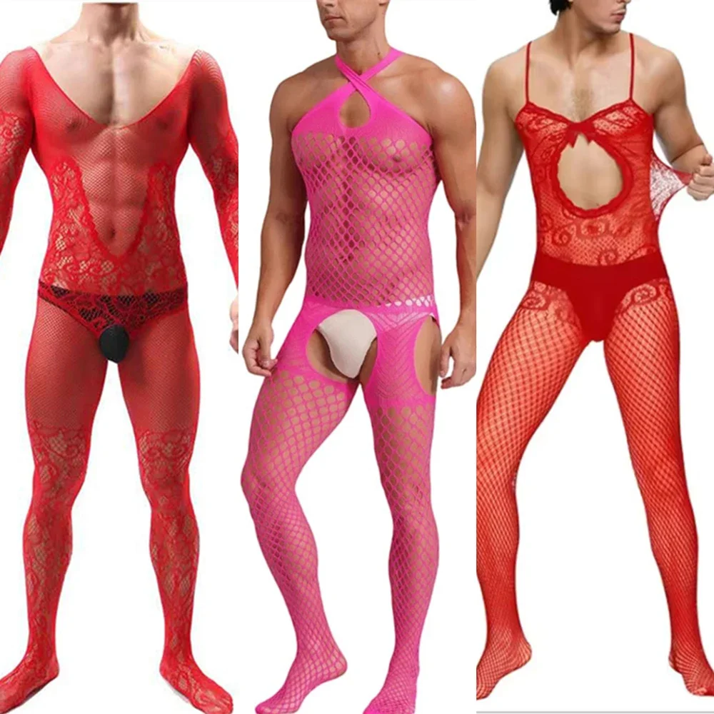 

Red Men Bodysuit Sexy Nightwear Elastic Hollow Out Bar Club Dance Party Transparent Bodystockings Male Sleepwear Body Stocking