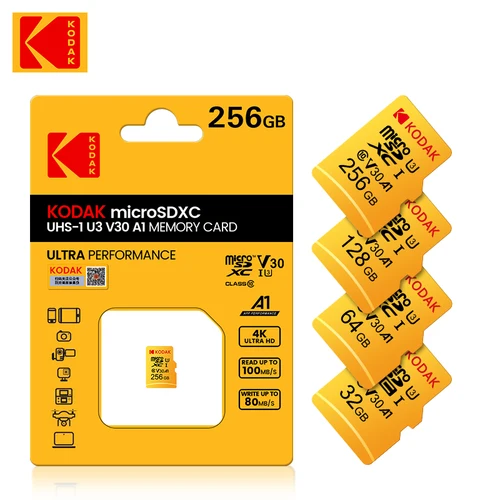 Kodak Micro SD 256GB 128GB U3 y 64GB 32GB C10 Tarjeta SD Unidad Flash Tarjeta de Memoria Clase 10 4K cartao de Memoria Tarjeta de Memoria Micro SD