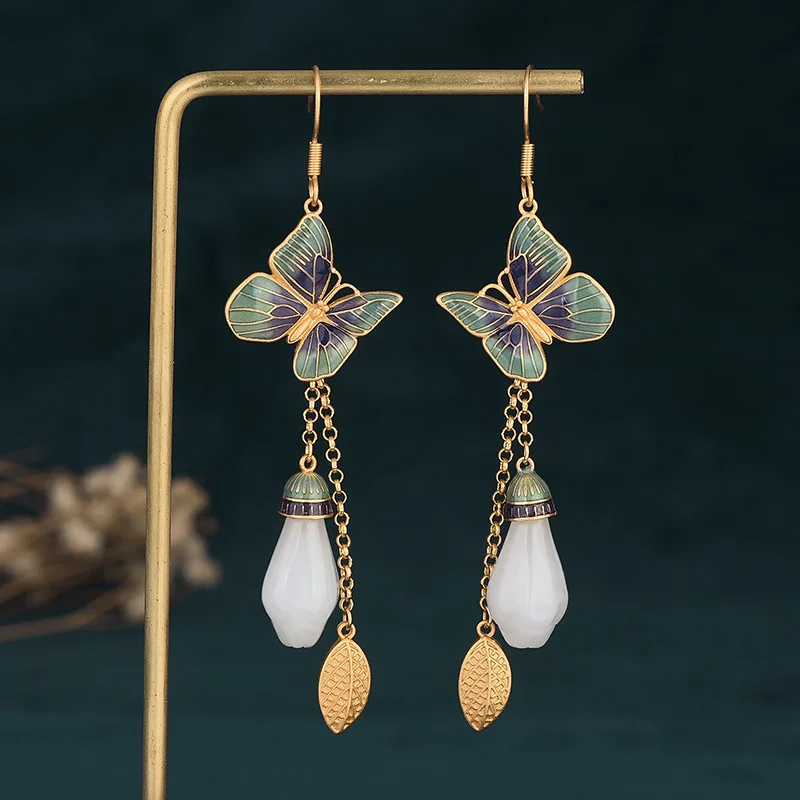 China-Chic style gold plated enamel drop glaze orchid butterfly tassel earrings Free delivery for ladies' earrings