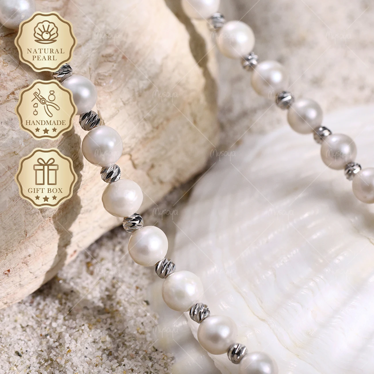 MYSOYA White AK Freshwater Pearl Necklace 8-9mm Silver Lantern Clasp, Gift Box S358