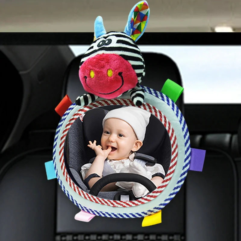 Espejo retrovisor para asiento trasero de coche de bebé, juguetes de felpa de animales de dibujos animados, espejos ajustables para cochecito de bebé