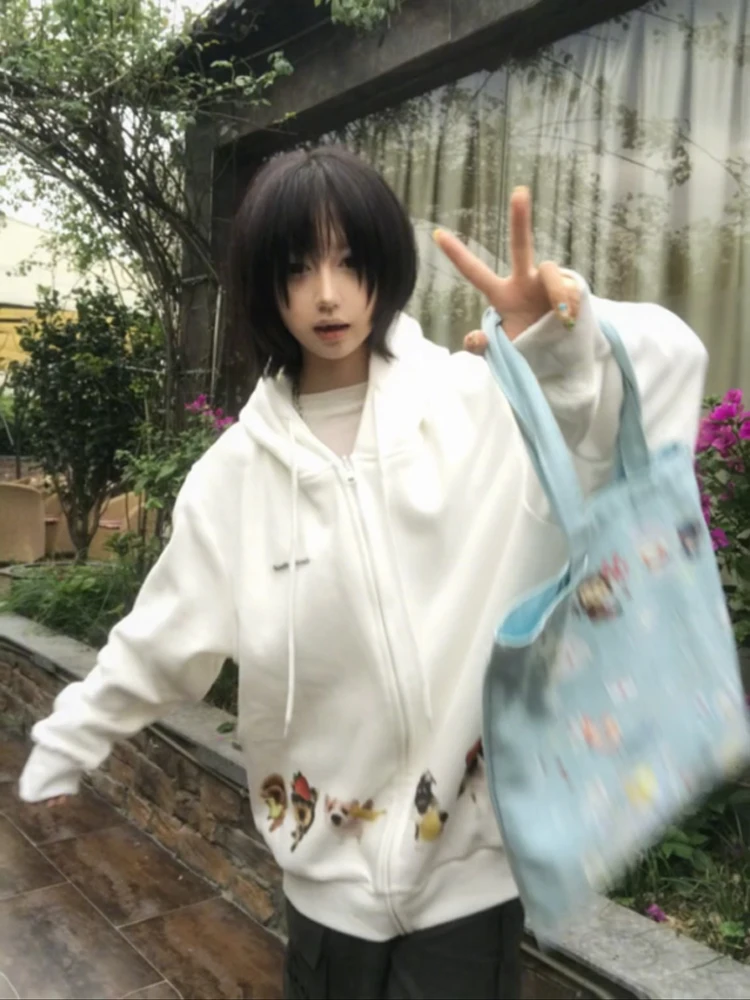 Niedlicher Kapuzenpullover mit Hundeknochen-Aufdruck für Damen, Übergröße, FCE-gefüttert, verdickte Herbst-Winter-Oberbekleidung, Strickjacke, lang, Sve-Reißverschluss