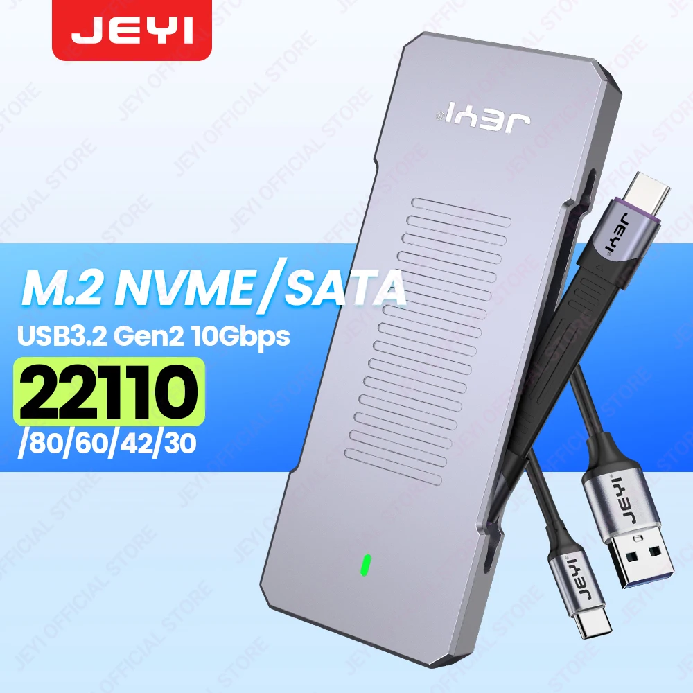 JEYI 22110 M.2 NVME NGFF Enclosure, USB 3.2 Gen2 Type-C 10Gbps SSD Case Support M&B+M Keys 2230/42/2260/2280 With Flat Cable