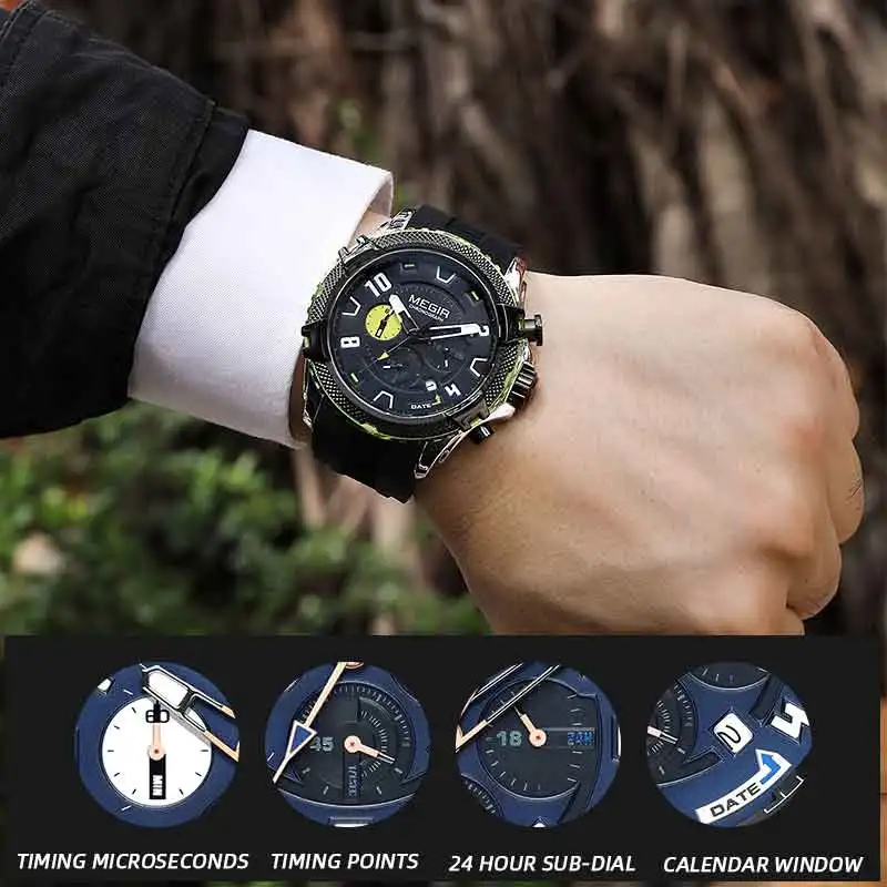 MEGIR Fashion Mens Watches Calendar Chronograph Waterproof Wristwatch Black Silicone Strap Sport Quartz Watch