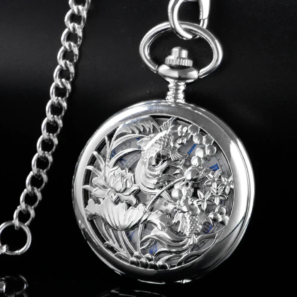 Silver Hollow Two Fish Design Manual Mechanical Pocket Watch Blue Romen Numerals Watch Face Pendant Necklace Clock Man Women