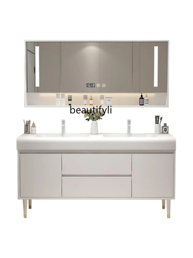 MM45 Cream Style Corian Integrated Double Basin Bathroom Cabinet Combination Washstand Floor Bathroom Washbasin