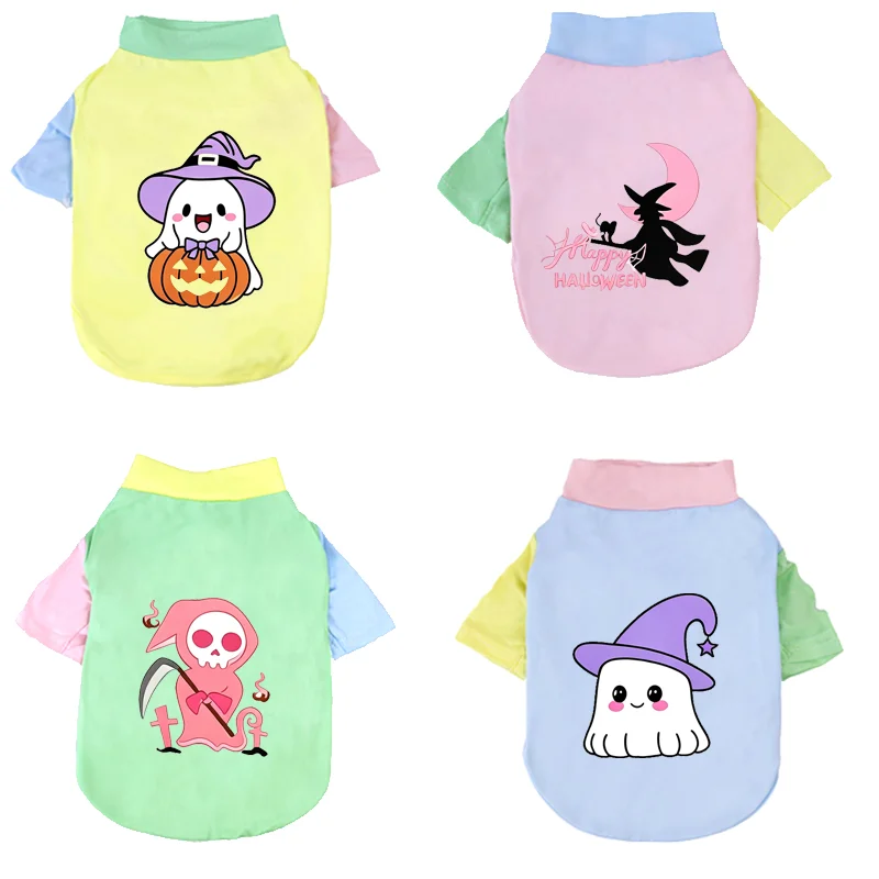 Pet T‑Shirt Halloween Graphic Print Canine Tee Soft Holiday Outfit Cute Ghost Witch Pattern Costume For Small Medium Puppy