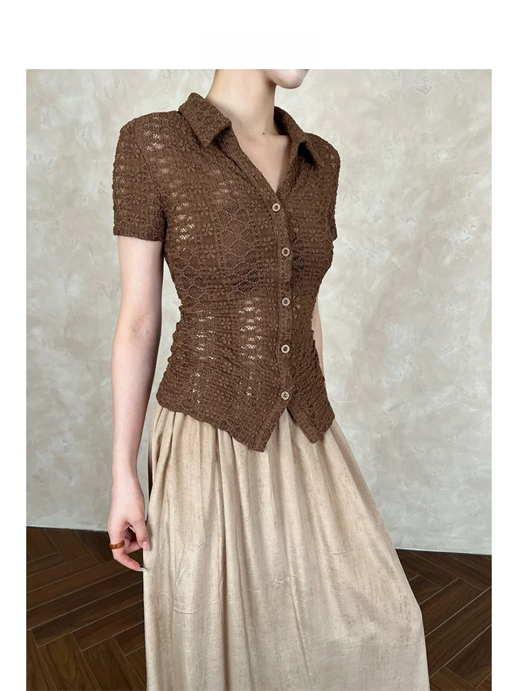 

ARETE AK Lace Knitted T-irt Hollow out Slim Fit ort Sve Women's Faion Summer Top Breathable Moisture ng