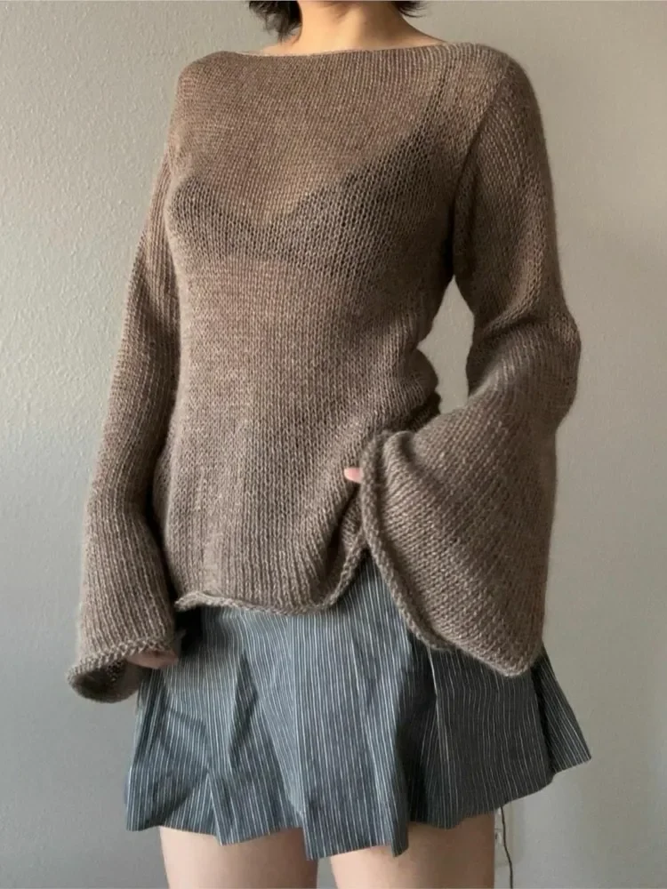 

Fashion Y2K Tie Back Sweaters Women Long Sleeve Boat Neck Solid Knitted Pullovers Fall Winter Casual Backless Crochet Sweater