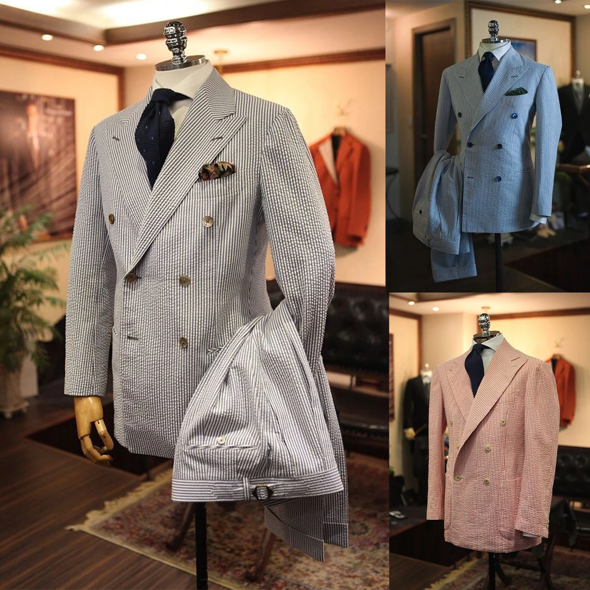 

New Men's Suits Tailored 2 Pieces Blazer Pants Peaked Lapel Double Breasted Slim Fit Pinstripes Wedding Custom Made Plus Size