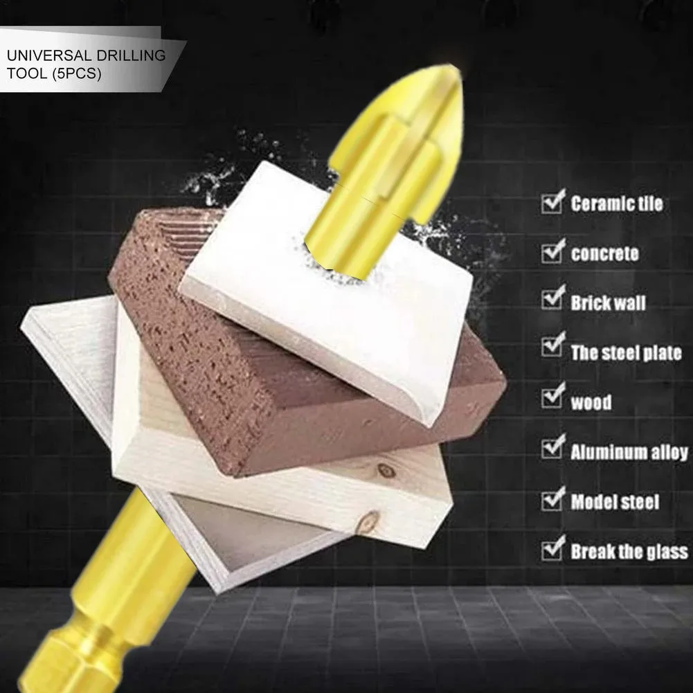 

Carbide Glass Drill Bit Set 5Pcs with 1/4'' Hex Shank and TCT Cross Alloy Tips for Drilling Tiles Glass and Wall Mirrors