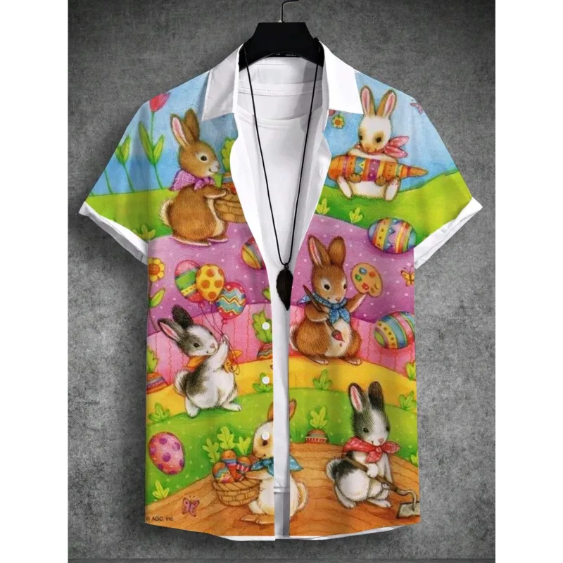 Summer Hawaiian Shirt Unisex Shirt Rabbit Egg Happy Easter Turndown Outdoor Street Short Sleeve Button-Down Print Men's Clothing