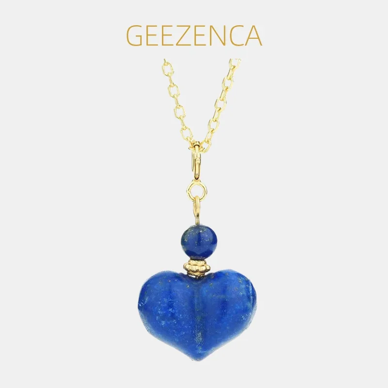 GEEZENCA Blue Lapis Lazuli 925 Sterling Silver Puffy Heart Pendant Necklace Women Simple Trendy Love Necklace Gift For Her