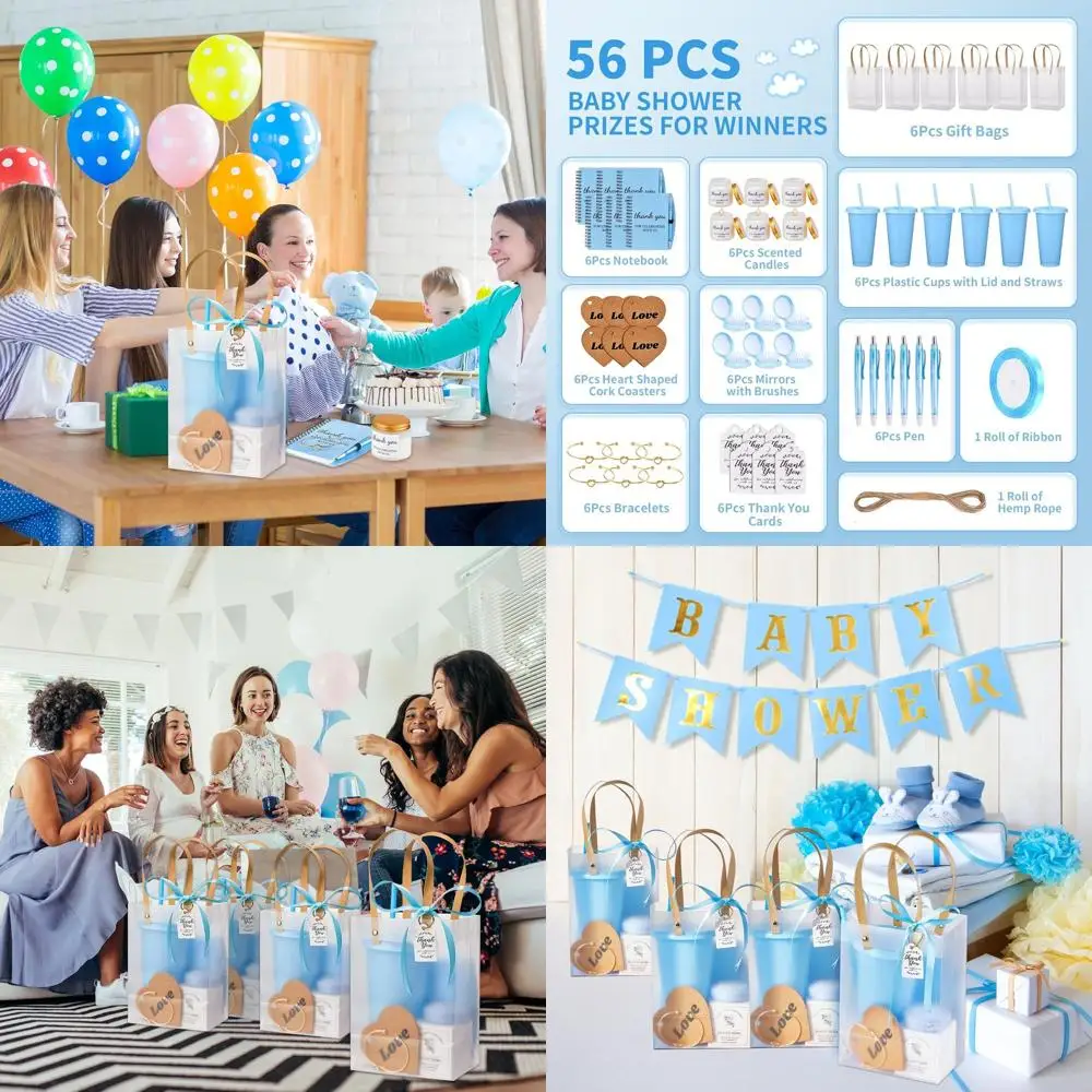 

50 Baby Shower Game Prizes: Blue Tumbler, Notebook, Candles, Pen, Mirror, Hairbrush, Bracelet & Gift Bag