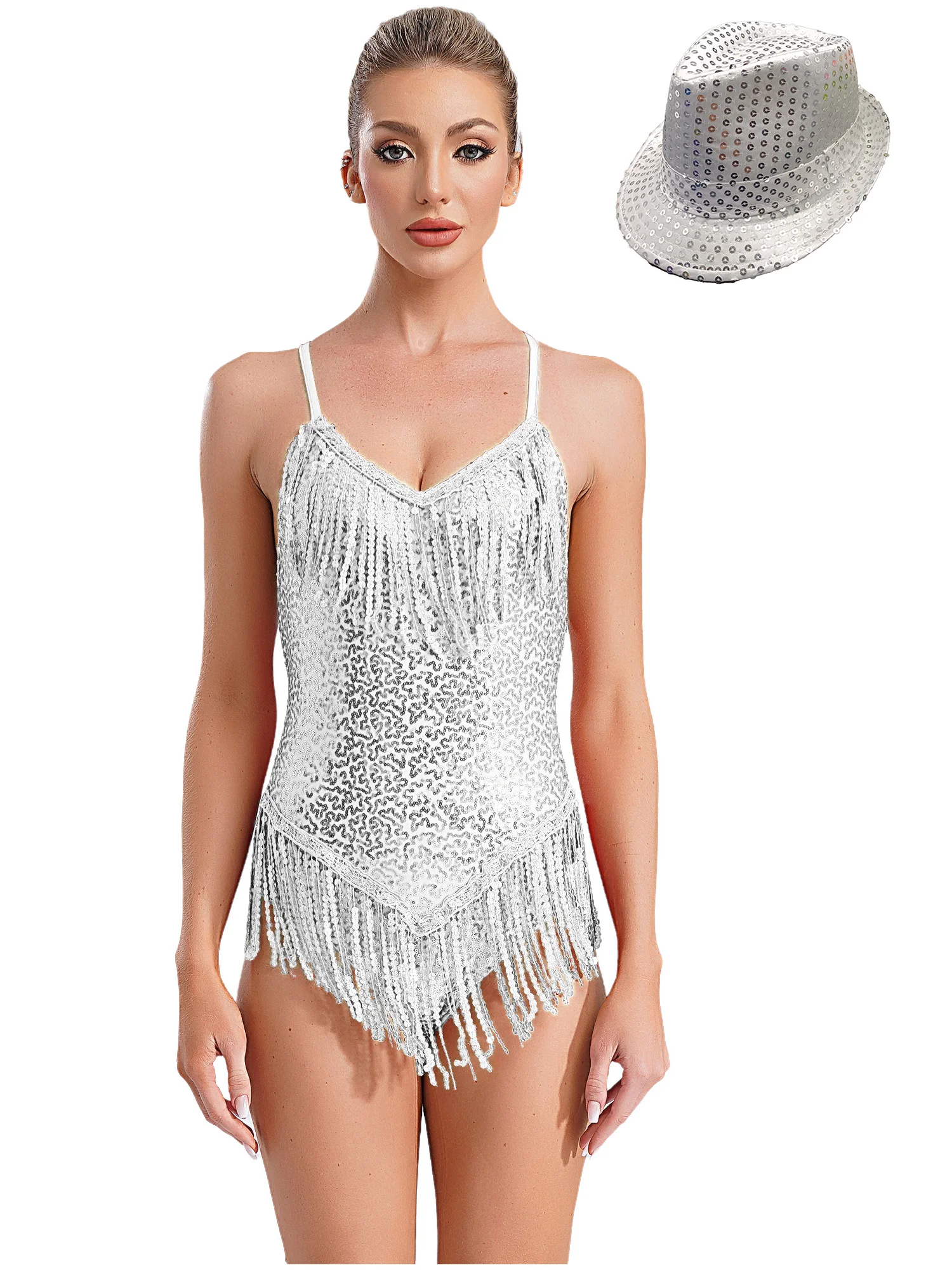Women Salsa Cha-cha Tango Jumpsuit Sequins Ballroom Performance Fringed Bodysuit with HatLatin Dance Costume Tassels Leotard
